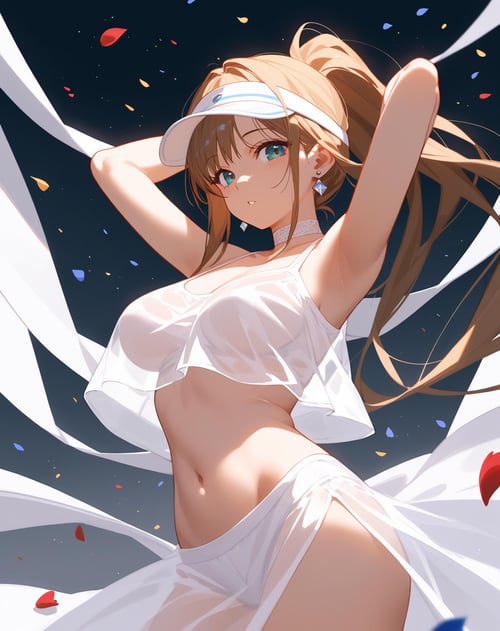 (score_9,score_8_up,score_7_up,score_6_up,score_5_up,score_4_up),1girl,confetti,long_hair,see-through,gradient,gradient_background,earrings,breasts,navel,choker,looking_at_viewer,armpits,jewelry,cowboy_shot,ponytail,petals,arms_up,visor_cap,solo,very_long_hair,