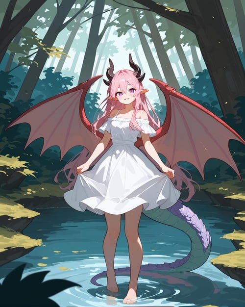 (score_9,score_8_up,score_7_up),1girl,tail,solo,wings,horns,dress,pink hair,barefoot,white dress,dragon tail,purple eyes,long hair,pointy ears,outdoors,looking at viewer,dragon girl,full body,standing,bare shoulders,tree,dragon horns,off shoulder,hair between eyes,bangs,nature,water,dragon wings,parted lips,day,off-shoulder dress,blush,forest,smile,