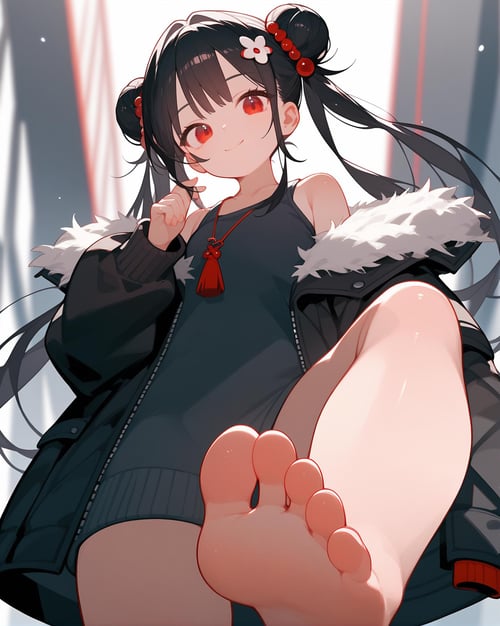 (score_9,score_8_up,score_7_up),1girl,solo,red eyes,black hair,long hair,looking at viewer,smile,fur trim,hair bun,bare shoulders,hair ornament,bangs,off shoulder,double bun,closed mouth,jacket,twintails,sleeveless,hand up,blurry,sidelocks,black jacket,long sleeves,from below,low angle,ground level,(foot focus),bare foot,no hands