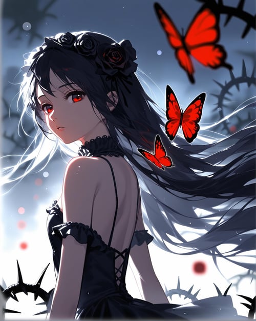 year 2023,1girl,solo,red and black theme,strong picture,dark,upper body,side_face,sad,parted_lips,looking back,floating hair,black dress,bare shoulders,delicate and beautiful eye,gothic_lolita,black rose,thistles and thorns,flora,fog,red butterfly,underlighting,bokeh,blurry background,strong visual impact,film lighting,from side,