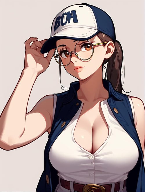 (score_9,score_8_up,score_7_up),1girl,solo,round eyewear,glasses,hat,brown hair,breasts,white background,simple background,ponytail,vest,upper body,looking at viewer,brown eyes,baseball cap,lips,shirt,cleavage,white shirt,closed mouth,belt,bangs,open clothes,medium breasts,sleeveless,large breasts,sleeveless jacket,