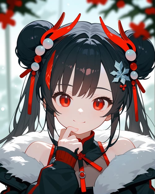 (score_9,score_8_up,score_7_up),1girl,solo,red eyes,black hair,long hair,looking at viewer,smile,upper body,fur trim,hair bun,bare shoulders,hair ornament,bangs,off shoulder,double bun,closed mouth,jacket,twintails,sleeveless,hand up,blurry,sidelocks,black jacket,long sleeves,