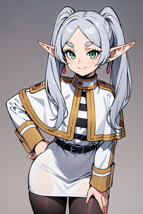 ((masterpiece,best quality)), highres, cute, curvy, eyelashes,    leaning forward, upper body,  frieren, 1girl, solo, long hair, looking at viewer, smile, bangs, long sleeves, dress, twintails, jewelry, closed mouth, green eyes, grey hair, pantyhose, cowboy shot, earrings, pointy ears, striped, belt, hand on hip, black pantyhose, capelet, thick eyebrows, elf, black belt, white capelet