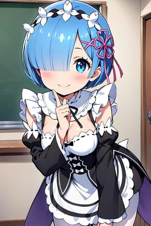 ((masterpiece,best quality)), highres, cute, eyelashes, upper body, smile, leaning forward, finger on lips, rem (re:zero), 1girl, solo, breasts, looking at viewer, blush, smile, short hair, bangs, blue eyes, large breasts, hair ornament, long sleeves, dress, ribbon, cleavage, medium breasts, closed mouth, blue hair, hair ribbon, pantyhose, cowboy shot, frills, detached sleeves, indoors, hair over one eye, apron, maid, maid headdress, black ribbon, x hair ornament, waist apron, white apron, white pantyhose, pink ribbon, chalkboard, roswaal mansion maid uniform
