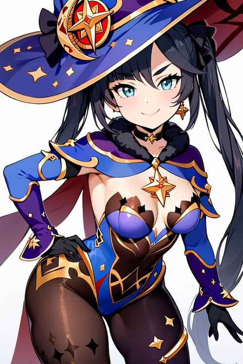 ((masterpiece,best quality)), highres, cute, curvy, eyelashes,    leaning forward, upper body,  mona (genshin impact), 1girl, solo, long hair, breasts, looking at viewer, smile, bangs, blue eyes, simple background, black hair, gloves, hat, white background, twintails, jewelry, medium breasts, closed mouth, pantyhose, cowboy shot, earrings, detached sleeves, choker, black gloves, cape, leotard, black pantyhose, covered navel, witch hat, black choker, bodystocking, blue leotard,  hand on hip, smile, smug,