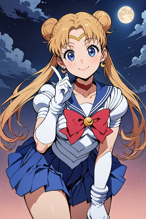 ((masterpiece,best quality)), highres, cute, eyelashes,    upper body, smile, leaning forward, finger on lips,  tsukino usagi, 1girl, solo, long hair, breasts, looking at viewer, smile, bangs, blue eyes, skirt, blonde hair, gloves, bow, twintails, jewelry, closed mouth, heart, cowboy shot, pleated skirt, earrings, sky, choker, elbow gloves, cloud, white gloves, sailor collar, hair bun, red bow, blue skirt, parted bangs, double bun, night, magical girl, moon, blue sailor collar, crescent, night sky, full moon, circlet, red choker, sailor senshi uniform, crescent earrings, tsukino usagi,