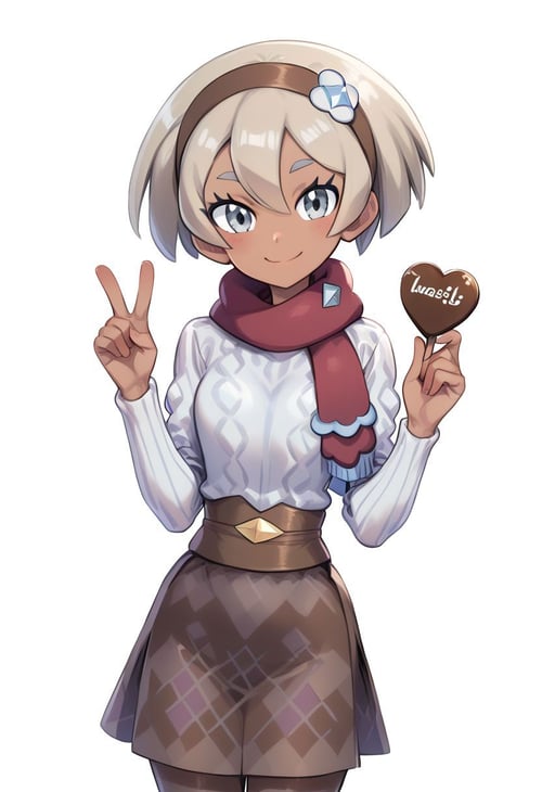 score_9, score_8_up, score_8, cute, eyelashes, cuvry,  solo, smile, looking at viewer, bea (palentines 2022) (pokemon), bea (pokemon), blonde hair, blush, brown hairband, brown pantyhose, brown skirt, chocolate, chorefuji, closed mouth, creatures (company), dark-skinned female, dark skin, eyelashes, flower, game freak, grey eyes, hair between eyes, hair flower, hair ornament, hairband, hands up, heart, highres, holding, holding food, looking at viewer, nintendo, pantyhose, pokemon, pokemon masters ex, red scarf, scarf, short hair, skirt, smile, sweater, valentine, white flower, white sweater