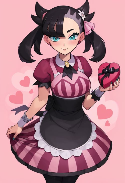 score_9, score_8_up, score_8, medium breasts, (curvy), cute, eyelashes, solo, smile, looking at viewer, apron, blush, box, creatures (company), dress, earrings, flower, game freak, hair flower, hair ornament, hair ribbon, heart-shaped box, highres, holding, jewelry, l4wless, marnie (palentines 2022) (pokemon), marnie (pokemon), nail polish, nintendo, pantyhose, pink ribbon, pokemon, pokemon masters ex, ribbon, simple background, pink background, twintails, valentine, waist apron, wrist cuffs, <lora:more_details:0.5> pink border, hearts background,