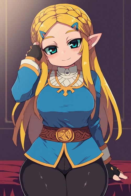 <lora:Zankuro_Style_Pony:0.8>,   high resolution, highly detailed, perfect lighting, beautiful detailed eyes,   ((masterpiece,best quality)), absurdres, solo,  princess zelda, long hair, crown braid, hairclip, pointy ears, blue shirt, long sleeves, fingerless gloves, black gloves, black pants, tight pants, smile, curvy, head tilt,