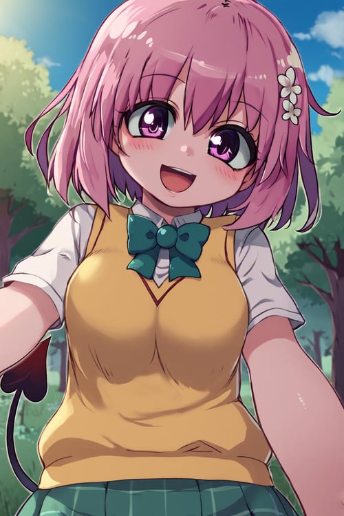 <lora:Zankuro_Style_Pony:0.8>,   high resolution, highly detailed, perfect lighting, highly detailed eyes,    <lora:tlrmomo-pdxl-nvwls-v1:1> tlrmomo, pink hair, hair flower, green bowtie, yellow sweater vest, white shirt, short sleeves, green miniskirt, demon tail, looking at viewer, standing, happy, open mouth, blue sky, trees, waist up head tilt, curvy, smile, blush,