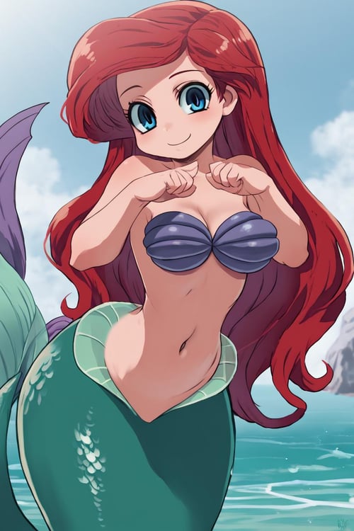 <lora:Zankuro_Style_Pony:0.8>,  ((masterpiece,best quality)), absurdres, solo,   ArielWaifu swimming on the sea next to a big rock, leaning forward, cute pose, medium breasts, narrow waist, wide hips, thick thighs, smile, blue eyes, shell bikini, red long hair, disney style, looking at viewer, cute, detailed landscape, cowboy shot, cartoon, 4k, masterpiece, mermaid, mermaid tail, monster girl, leaning forward, <lora:ArielPonyXL_character:0.7>,  curvy,