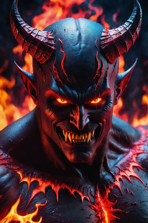 (best quality,4k,8k,highres,masterpiece:1.2),ultra-detailed,(realistic,photorealistic,photo-realistic:1.37),dark devil,red neon eyes,blood particle theme,mid length hair,stunning horns,fiery gaze,tattooed body,ominous aura,demonic wings,sharp fangs,menacing grin,sinister atmosphere,smokey background,dark shadows,intense red lighting,vivid colors