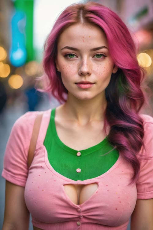 (best quality,8K,highres,masterpiece), ultra-detailed, (realistic portrait), ((27-year-old Russian girl)) with a gorgeous and cute appearance. Capture her with a ((smirk)) and highlighting her ((freckles)). She should be wearing a ((green top and pink skirt)). In the background, include a young girl in a green top and pink skirt for context. This should be a ((masterpiece)) with a ((best_quality)) in ultra-high resolution, both ((4K)) and ((8K)), incorporating ((HDR)) for added vibrancy. Utilize a ((Kodak Portra 400 lens)) to achieve a professional and timeless quality. Emphasize a ((blurry background)) with a touch of ((bokeh)) and ((lens flare)) for artistic effect. Enhance ((vibrant colors)) for a lively appearance. Ensure the photograph is ((ultra-detailed)) and showcases ((absurdres)) details. Pay extra attention to capturing the ((beautiful face)) of the subject, focusing on features such as ((large breasts)) and a ((narrow waist)). Highlight any ((tattoos)) present. The goal is to create a ((professional photograph)) that is both visually striking and technically superb.