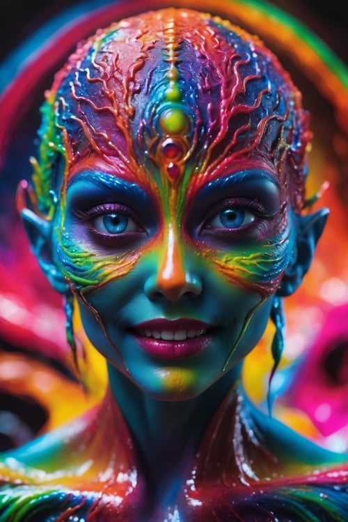 best quality, 8k, ultra-detailed, realistic:, vibrant colors, vivid shading, breathtaking portrait of an alien shapeshifter entity, mesmerizing eyes, intricate facial details, otherworldly skin texture, insane smile, unnerving and intricate complexity, surreal horror atmosphere, dark shadows, inverted neon rainbow drip paint, ethereal glow, hypnotic energy, transcendent beauty, mystical aura, octane render