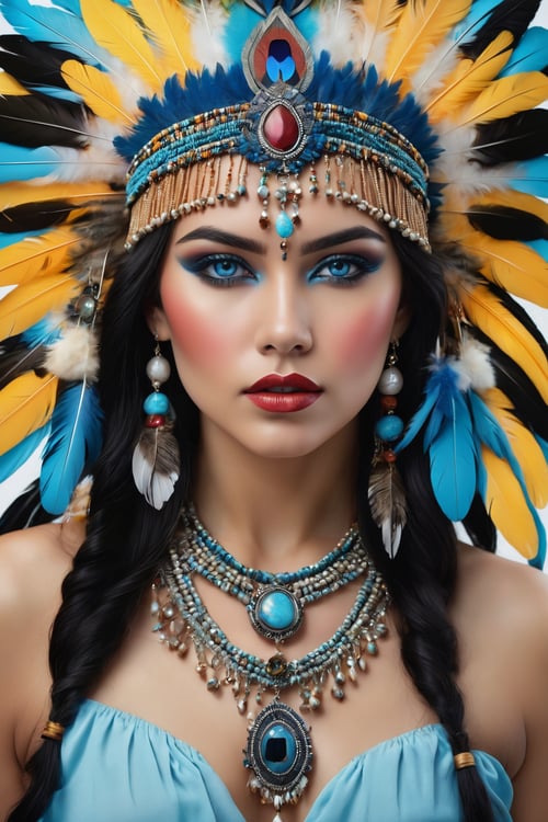 (best quality,8K,highres,masterpiece), ultra-detailed, (realistic portrait) of a girl, solo, showcasing long, flowing black hair and captivating blue eyes that hold the viewer's gaze. This portrait emphasizes her striking features enhanced by meticulous makeup, including vivid lipstick that accentuates her lips. She wears exquisite jewelry, a necklace that complements her attire, and is adorned with a unique headdress featuring feathers, adding a majestic and ethereal quality to her appearance. The inclusion of a mask and face paint draws inspiration from Native American traditions, enriching the portrait with cultural depth and significance. The overall composition is a celebration of beauty, tradition, and the artistry of makeup and adornment, rendered with lifelike precision and attention to detail,realistic portrait