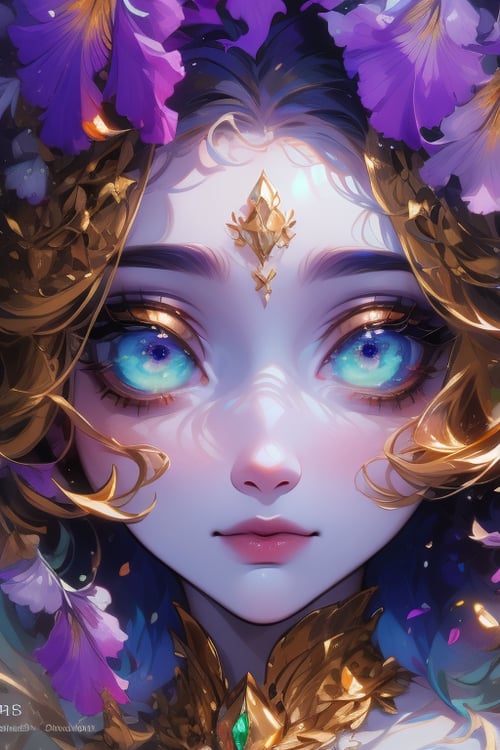 1 girl, portrait, close-up portrait, a charming illustration depicting a delicate, airy young woman with golden tanned skin. The magical creature is woven from flowers from the realm of dreams. Her outfit is the epitome of nature: purple iris petals form an intricate garment that seems to embody the elements themselves. The iris of her large round eyes is the color of an emerald lake with sparks and bubbles that create an inner radiance that attracts the viewer. These uniquely drawn eyes have a feline pupil and a mesmerizing iris, K-Eyes