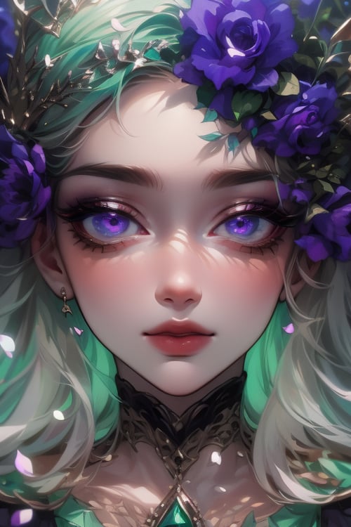1 girl, portrait, close-up portrait, charming illustration depicting a delicate, airy young woman with a dark tan on her skin. A magical creature. Her outfit is the epitome of nature: the petals of purple roses form an intricate outfit that seems to embody the elements themselves. The iris of her large round eyes is the color of an emerald stone with sparks and bubbles that create an inner radiance that attracts the viewer. These uniquely painted eyes have a large pupil and a mesmerizing iris., K-Eyes