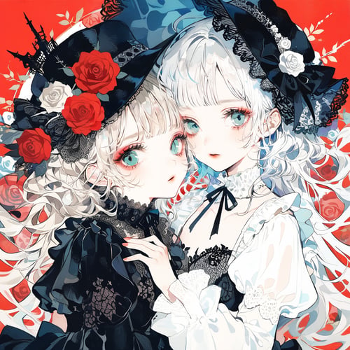 two women with white hair and red roses on their heads, one of them is hugging the other's head, Alice Prin, bloodborne, a detailed painting, gothic art,
multiple girls, 2girls, long hair, looking at viewer, flower, red flower, parted lips, puffy sleeves, hat, dress, rose, green eyes, bangs, red background, upper body, juliet sleeves, red rose, long sleeves, red dress, white hair, hat flower, black headwear, makeup, black dress, red lips, frills, lace, lace trim, siblings, heads together, aqua eyes,
masterpiece, best quality, aesthetic, 