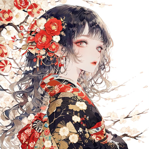 1girl, solo, kimono, japanese clothes, looking at viewer, black hair, upper body, black kimono, sash, hair ornament, obi, red eyes, flower, wavy hair, hair flower, print kimono, long sleeves, long hair, red lips, floral print, grey eyes, red flower, lace trim, lace, makeup, from side, wide sleeves
masterpiece, best quality, aesthetic, 