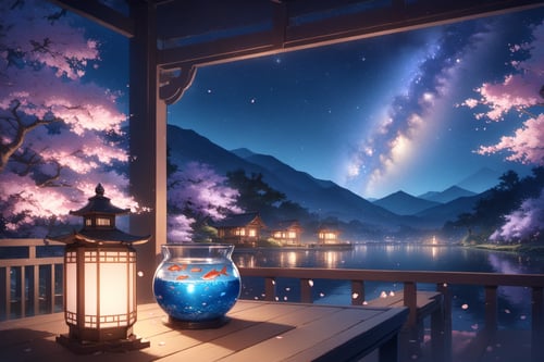 detailed background,(Calm spring night landscape), glowing cherry blossoms, petals, beautiful view, night, milky way galaxy, midnight, fish bowl, dappled moonlight, outdoor seating, lantern, depth of field, masterpiece, best quality, ultra-detailed, very aesthetic, illustration, perfect composition, intricate details, absurdres, moody lighting, wisps of light, no humans,