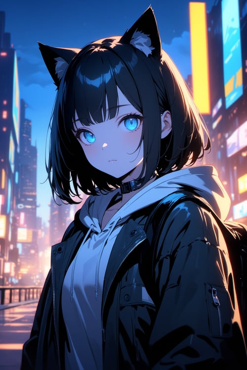 1girl, blue eyes, animal ears, portrait, building, city, black hair, cyberpunk, skyscraper, cityscape, outdoors, jacket, cat ears, hood, looking at viewer, bangs, sky, hood down, solo, animal, black jacket, blue sky, night, open jacket, hoodie, cloud, dark, backpack, pale skin, glowing, mole, standing, choker, short hair, bag, closed mouth, long hair, upper body, long sleeves, cat girl, city lights, drawstring, masterpiece, best quality, very aesthetic, absurdres, Ray tracing, UHD, 8k, highly detailed, volumetric lighting, perfect composition, beautiful, detailed, high contrast, intricate insanely, artistic photography, photorealistic concept art, cinematic perfect light,