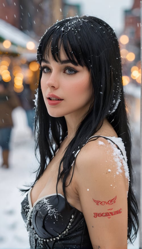 (8k,ultra hd,high resolution,extreme detail,octane,render,best quality,masterpiece,dynamic angle, highest detailed:1.2) , 3/4 shot, photo of a female, (long black hair,bangs:1.5) , (blonde hair tips:1.3) , (ultra high resolution textures:1.2) , bokeh, radiant skin, snowing, city background, (official art:1.2)