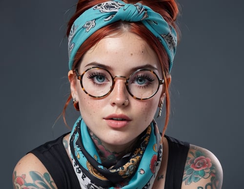 detailed of an attractive woman with freckles, wearing large round glasses, a bandana on her head, tattoos all over her face,  looking straight ahead, in the style of old school tattoo art