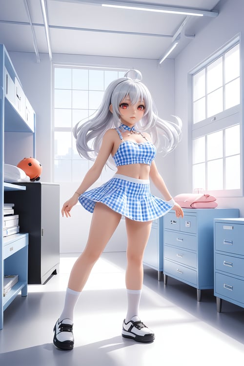 professional 3d model  of hubg, anime artwork pixar,3d style, good shine, OC rendering, highly detailed, volumetric, dramatic lighting,

1girl,((full body)),looking at 1girl,((full body)),looking at viewer,standing,shiny_skin,fair_skin,
Gingham print bralette and matching skirt,
light oyster white hair,red eyes, absolute_territory,tight,spandex,shoes,kneehighs,glamor,dormitory,clean background,straight_hair,hime cut,

masterpiece,best quality,super detail,
anime style, key visual, vibrant, studio anime,