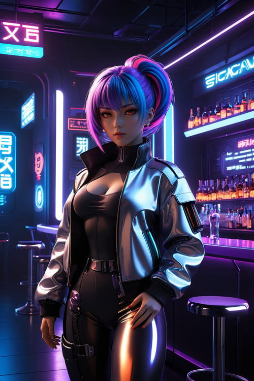 professional 3d model  of hubg, anime artwork pixar,3d style, good shine, OC rendering, highly detailed, volumetric, dramatic lighting,

interior medium shot of a beautiful cyberpunk character, women urbansamurai inside a nightclub wearing a (techwear jacket:1.2), that accentuates her curves and gives her a powerful, yet sleek appearance with voluminous, brightly dyed hair, in the style of a Blade Runner aesthetic. The camera angle is positioned just outside the bar area, The nightclub's interior is a mix of industrial and cyberpunk elements and (reflective surfaces:1.2), with neon lights casting a colorful glow throughout the space. Her hair is styled in a thick, voluminous way that catches the light, adding to the futuristic, edgy feel of the scene. The lighting is dim and moody, with neon lights reflecting off the bar's surface and casting shadows on the woman's face, creating a cinematic and atmospheric ambiance,

masterpiece,best quality,super detail,
anime style, key visual, vibrant, studio anime,