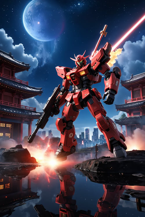 professional 3d model  of hubg, anime artwork pixar,3d style, good shine, OC rendering, highly detailed, volumetric, dramatic lighting,

(red and black mecha), gundam, holding rifle, explosion, laser, robot, masterpiece,best quality,ultra-detailed,very detailed illustrations,extremely detailed,intricate details,highres,super complex details,extremely detailed,cowboy shot, caustics,reflection,ray tracing,demontheme,nebula,dark aura,cyber effect, action, ancient japanese architecture,pond, starry sky,skyline,

masterpiece,best quality,super detail,
anime style, key visual, vibrant, studio anime,