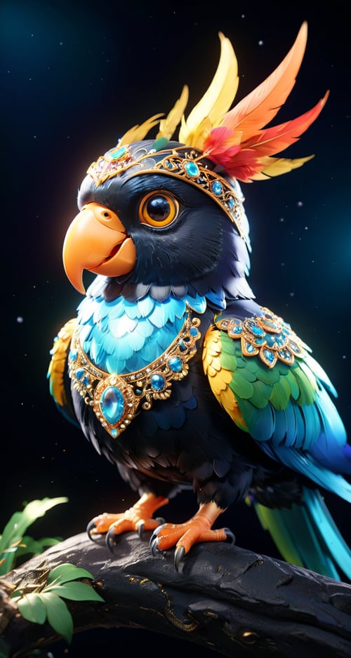 A parrot black , small and cute,generate a celestial adorable non-human animal in the style of celestial and fantasy. the animal should be the most beautiful animal ever created. Consider details like fluffy and feathers and silk and satin and shimmer and glimmer. Include subtle details of phantasmal iridescence. emphasize small details of fantasy and ornate jewels. camera: utilize interesting and dynamic composition. enhance visual interest. lighting: use ambient lighting that enhances the ambiance of fantasy. include bold colors and deep shadows. hires, detailed eyes, hires detailed eyes, hires small details, ornate, intricate details, 8k, shimmer, unity, official cgi unreal engine, high resolution, (((masterpiece))), high quality, highres, detail enhancement, (bright and clear eyes), ,More Reasonable Details