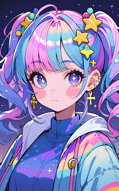 score_9,score_8_up,score_7_up, 1girl,looking at viewer,bangs,blue eyes,hair ornament,twintails,jewelry,closed mouth,blue hair,jacket,upper body,pink hair,purple hair,ahoge,multicolored hair,earrings,star (symbol),gradient,gradient background,blush stickers,piercing,cross,ear piercing,star (sky),starry sky,star hair ornament