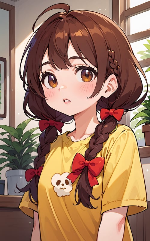 score_9,score_8_up,score_7_up, 1girl,long hair,looking at viewer,blush,bangs,brown hair,shirt,bow,twintails,brown eyes,collarbone,upper body,braid,ahoge,short sleeves,hair bow,parted lips,indoors,red bow,window,low twintails,plant,t-shirt,hair over shoulder,yellow shirt,potted plant