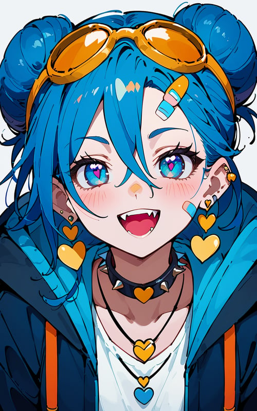 score_9,score_8_up,score_7_up, 1girl,long hair,looking at viewer,blush,smile,open mouth,bangs,blue eyes,shirt,hair ornament,hair between eyes,jewelry,blue hair,collarbone,jacket,white shirt,upper body,heart,earrings,open clothes,teeth,choker,necklace,hair bun,collar,open jacket,black jacket,double bun,fangs,piercing,goggles,ear piercing,bandaid,spikes,goggles on head,heart hair ornament,bandaid on face,spiked collar