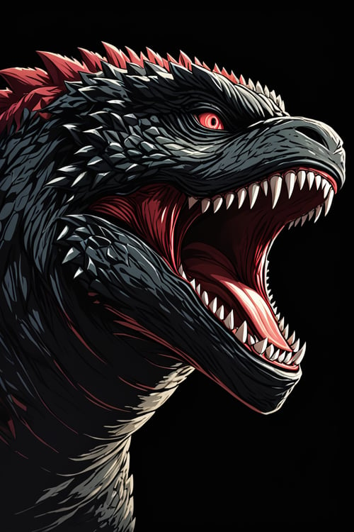 niji,godzilla,solo, open mouth, red eyes, teeth, tongue, from side, no humans, sharp teeth, black background, monster, horror \(theme\)