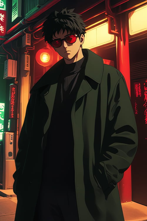 niji,1boy,solo, looking at viewer, black hair, red eyes, 1boy, closed mouth, standing, male focus, coat, glowing, sunglasses, glowing eyes, black coat, hands in pockets, green theme