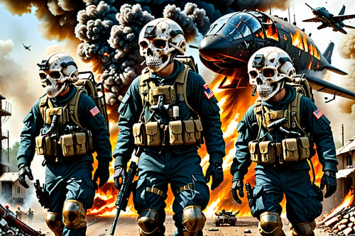 weapon, multiple boys, uniform, gun, military, military uniform, helmet, fire, smoke, science fiction, 6+boys, skull, realistic, aircraft, damaged, soldier
