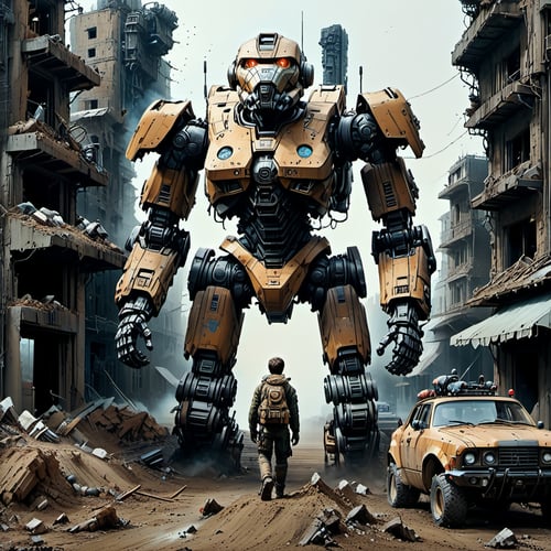 solo, 1boy, no humans, traditional media, robot, ground vehicle, building, mecha, motor vehicle, science fiction, city, realistic, military vehicle, ruins, damaged