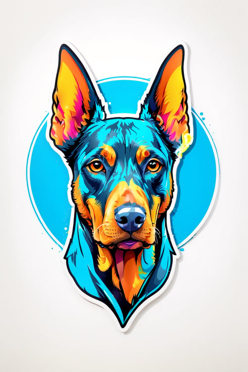 Logo business white clean background , the super   Dobermann dog head only cartoon , pro vector, high detail, t-shirt design, grafitti, vibrant, t-shirt less, best quality, wallpaper art, UHD, centered image, MSchiffer art, ((flat colors)), (cel-shading style) very bold neon colors, ((high saturation)) ink lines, clean white background environment
 
