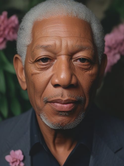 a close-up of a gorgeous beautiful bombastic Morgan Freeman  in an image filled with deep darks in the style of an analog film grain, hdr, extremely detailed, 8k, 35mm photograph, background with flowers, amazing natural lighting, brilliant composition,<lora:659095807385103906:1.0>
