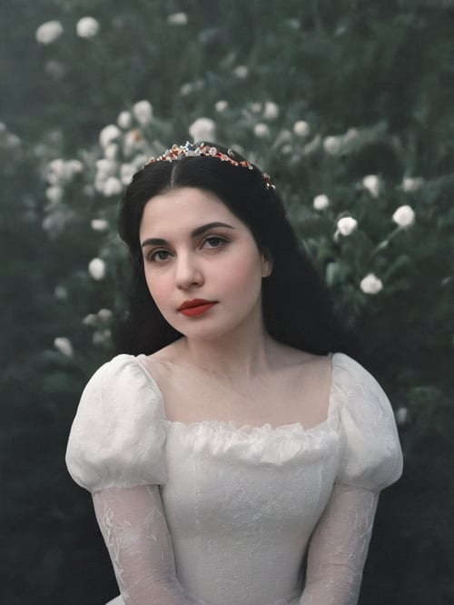 a close-up of a gorgeous beautiful bombastic snow white in an image filled with deep darks in the style of an analog film grain, hdr, extremely detailed, 8k, 35mm photograph, background with flowers, amazing natural lighting, brilliant composition