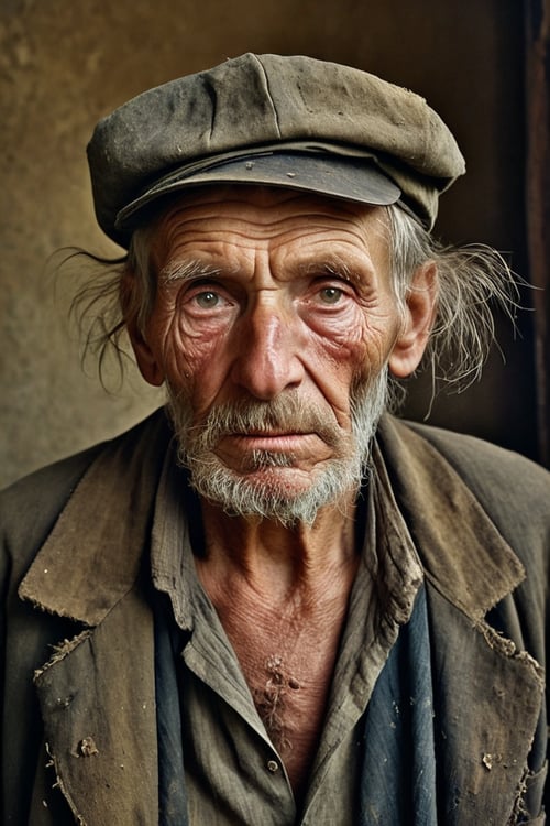 glamour portrait shot (from above:0.5) of poor Latvian 1800 old worker in rags, ((overwhelming fatigue)), wrinkles of age, photorealistic, moody colors, gritty, messy style of Alexey Savrasov, Ivan Shishkin, Ilya Repin, highly detailed,