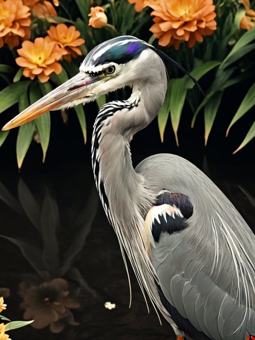 a close-up of a gorgeous grey heron in an image filled with deep darks in the style of an analog film grain, hdr, extremely detailed, 8k, 35mm photograph, background with flowers, amazing natural lighting, brilliant composition