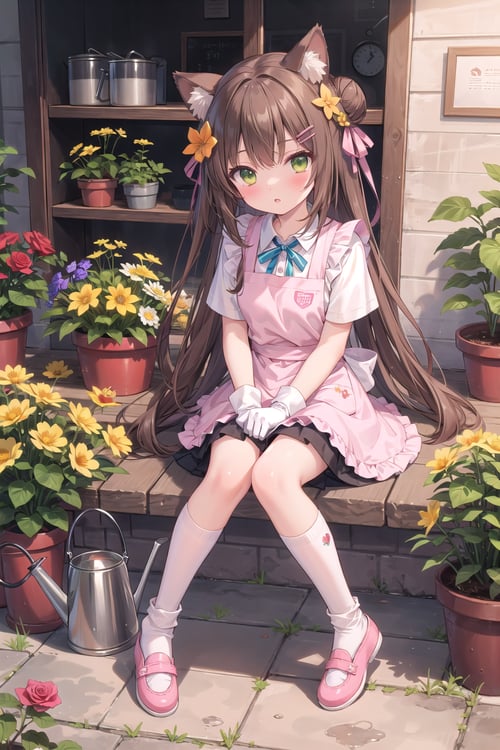 (masterpiece), 1girl, solo, animal, white flower, shirt, animal ears, flower, very long hair, collared shirt, hair bun, socks, long hair, black socks, gloves, green eyes, apron, holding, sitting, hair ornament, blush, parted lips, bangs, looking at viewer, tail, yellow flower, pink footwear, white shirt, animal ear fluff, brown hair, bird, kneehighs, full body, skirt, rose, potted plant, double bun, watering can, hairclip, shoes, grey skirt