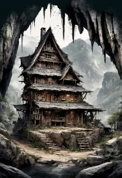 DonMB14ckB377yXL (masterpiece, best quality),  mountain village dwelling in cave biome, (highres, 4k, 8k, intricate detail, amazing quality, Detailed Illustration)  <lora:Perfect Hands v2> <lora:SDXL\DetailedEyes_V3> <lora:myLoraXL_test\DonMB14ckB377yXL-000008>,