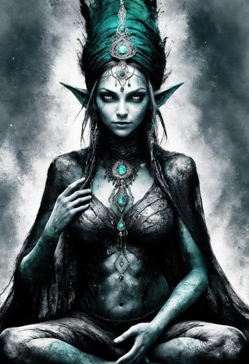 DonMB14ckB377yXL (masterpiece, best quality), female female  elf, humanoid creature, slender, graceful, pointed ears, fair colored hair, almond shaped eyes with vibrant colors, ageless appearance, otherworldly ethereal glow, elaborate nature inspired attire, magic, regal noble demeanor, midlife, full-figured, gypsies, emerald eyes, pointed ears,  protruding chin,    triangle face shape,     , copper fringe haircut hair, surprise, meditating in a lotus position, seeking inner wisdom,      wearing   sorceress gown,  sorceress gowns,  turban headband,    vivify ( bose-einstein condensate enrapturing  diamond white celestial  pyramid  whipping  spiral lines  nano-enhanced thermal insulation vibration magic:1.0), celestial harmony, hands in prayer, seeking celestial blessings, radiant aura, (highres, 4k, 8k, intricate detail, amazing quality, Detailed Illustration)  <lora:Perfect Hands v2> <lora:SDXL\DetailedEyes_V3> <lora:myLoraXL_test\DonMB14ckB377yXL-000008>
