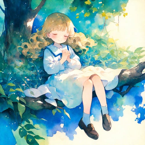 1girl, closed eyes, long hair, dress, solo, smile, blonde hair, white dress, lying, animal, socks, blush, painting (medium), own hands together, sitting, flower, long sleeves, on back, sleeping, plant, leaf, tree, underwater, fish, brown hair, school uniform, nature, shoes, bird, rabbit, light particles, bangs, closed mouth, wavy hair,  
masterpiece, best quality, very aesthetic , traditional media,  watercolor \(medium\),