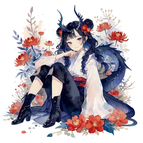 watercolor (medium), 1girl, solo, flower, blue eyes, black hair, long hair, sitting, smile, looking at viewer, long sleeves, pants, very long hair, braid, hair bun, red flower, horns, double bun, bug, painting (medium), full body, white background, blush, bangs, closed mouth, eyeshadow, coral, hair ornament, twintails, sash, makeup, shoes, tail, head rest, dragon girl, wide sleeves, signature, knees up, dragon tail, dragon, hand up, dragon horns, butterfly, shirt, antennae, black pants, white footwear, twin braids, head fins, spider lily, hand on own face, pink flower, white flower, white shirt, japanese clothes, wings, hand on own chin, boots,  
masterpiece, best quality, very aesthetic , traditional media,  watercolor \(medium\),