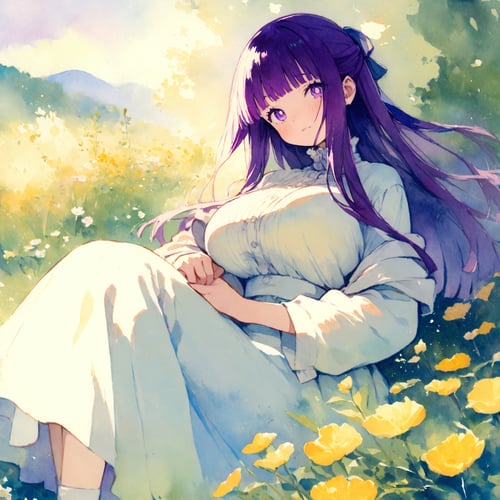 1girl, fern \(sousou no frieren\),sousou no frieren, casual fashion, flowers, sitting,
masterpiece, best quality, very aesthetic , traditional media,  watercolor \(medium\),