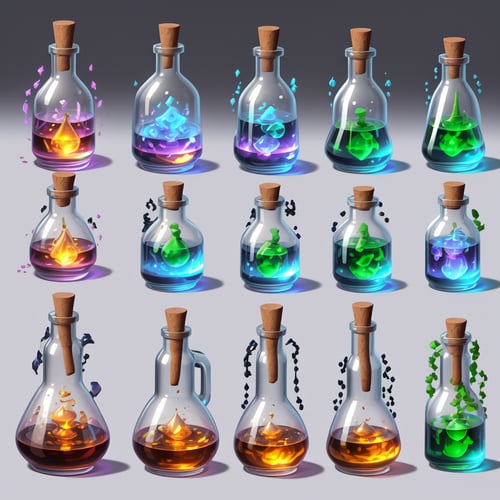 Array of magical world style potion bottles in pixel art, Each item is an independent pixelated entity with high-tech magic stoppers, Arranged in 2D pixel game prop style, No overlapping, Solid gray-black background for easy clipping, High quality, Detailed, Pixelated, Each potion bottle features a unique pixel design with Western fantasy aesthetics